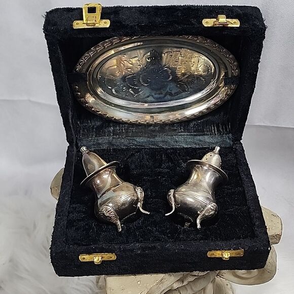 Vintage Silverplate Salt & Pepper with Tray and Crushed Velvet Case - Picture 6 of 10